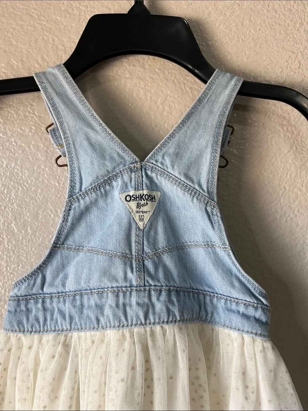 OshKosh B'gosh Light Blue Denim Overall Dress with White Tulle Skirt Sz 3T